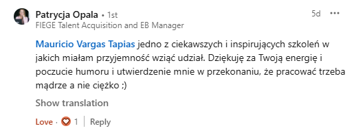 Opinia Patrycji Opały po szkoleniu prowadzonym przez Mauricio Vargasa Tapiasa