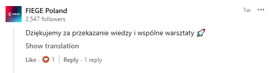 Podziękowanie FIEGE Poland za przekazanie wiedzy i wspólne warsztaty